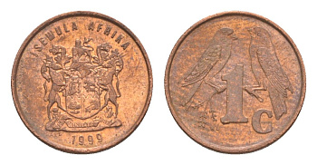 ЮАР 1 цент 1999 герб, капские воробьи KM 170 сталь плакированная медью UNC 4602-228