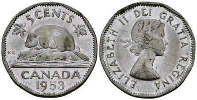 Канада 5 центов 1953 Елизавета II (1953-), бобр KM 50 хромированная сталь 4167-923