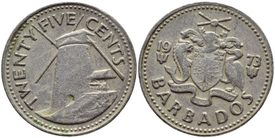 Барбадос 25 центов 1973 ветряная мельница Моргана Льюиса KM 13 медно-никель 4398-327