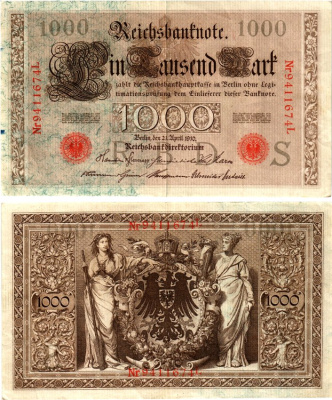 Германия 1000 марок 1910 Pick 44b бумага 7547-35-3-2