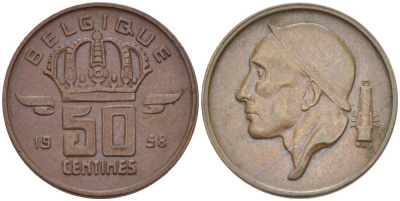 БЕЛЬГИЯ 50 СЕНТАВО 1958 БОДУЭН I (1951-1993), BELGIQUE KM 148.1 бронза 4514-643