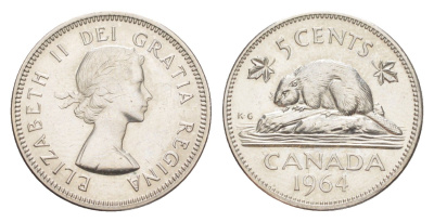 Канада 5 центов 1964 Елизавета II (1952-2022), бобр KM 57 никель UNC 4639-444