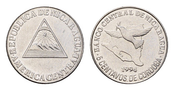 Никарагуа 5 сентаво 1994 голубь мира KM 80 хромированная сталь UNC 51-5054