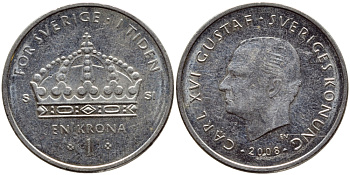 Швеция 1 крона 2008 Карл XVI Густав (1973- ) KM 894 медно-никель 85-347