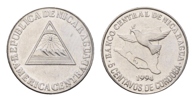 Никарагуа 5 сентаво 1994 голубь мира KM 80 хромированная сталь UNC 51-5054