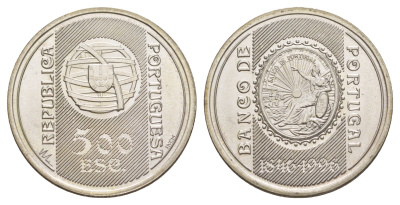 Португалия 500 эскудо 1996 150 лет банку Португалии KM 702 серебро BU 32-811