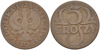 ПОЛЬША 5 ГРОШЕЙ 1928 w KM 10a бронза 4549-249