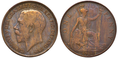 Великобритания 1 пенни 1920 Георг V (1910-1936) KM 810, Spink 4051 бронза 4131-326