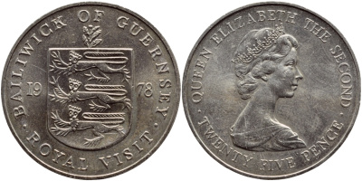 Гернси 25 пенсов 1978 Королевский визит KM 32 медно-никель UNC 74-714