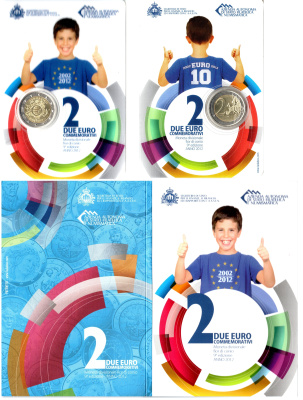 Сан-Марино 2 евро 2012 10 лет евро наличными, в оригинальном буклете KM 519 биметалл UNC 8-2-01-11