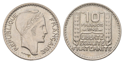 Франция 10 франков 1948 тип Пьер Турин KM 909.1, Le Franc 362.3 медно-никель UNC 4675-754