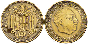 Испания 1 песета 1963 (64) Франсиско Франко (1939-1975) KM 775 алюминиевая бронза 216-556