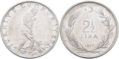 ТУРЦИЯ 2 1/2 ЛИРЫ 1977 KM 893.2 сталь 4179-112