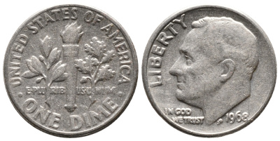 США 10 ЦЕНТОВ = 1 ДАЙМ 1968 РУЗВЕЛЬТ KM 195а медь плакированная медно-никелем 73-226