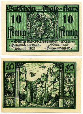 Тале-Гарц 10 пфеннигов 1921 1 января 1921 - 31 декабря 1922, нотгельд, земля Саксония-Анхальт Grabowski 1320.1 бумага 2195-25-1-2