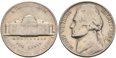 США 5 центов 1964 D, Джефферсон KM А192 медно-никель 92-1131