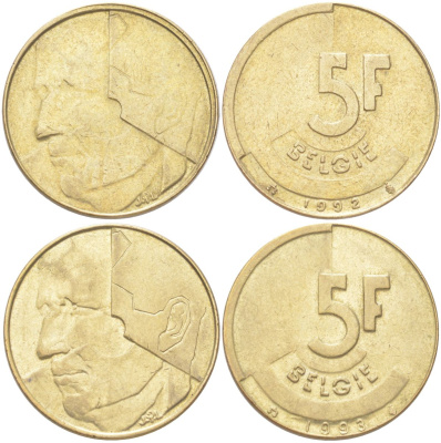 Бельгия набор из 2 монет разных годов (5 франков) 1992 и 1993 Belgie, Бодуэн I (1951-1993) KM 164a никель бронза 4143-641-642