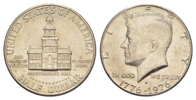 США 1/2 доллара (50 центов) 1976 D, 200 лет независимости, Джон Кеннеди KM 205 медь плакированная медно-никелем aUNC 4545-534