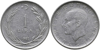Турция 1 лира 1962 Мустафа Кемаль Ататюрк KM 889а.1 нержавеющая сталь 4541-1226