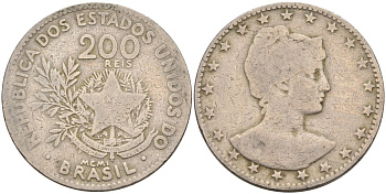 Бразилия 200 рейс 1901 голова свободы вправо KM 504 медно-никель 4589-1132