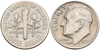 США 10 ЦЕНТОВ = 1 ДАЙМ 1972 РУЗВЕЛЬТ KM 195a медь плакированная медно-никелем 188-419