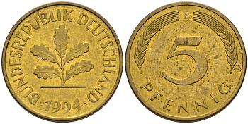 ФРГ 5 ПФЕННИГОВ 1994 F KM 107, J. 382 сталь плакированная латунью 75-524