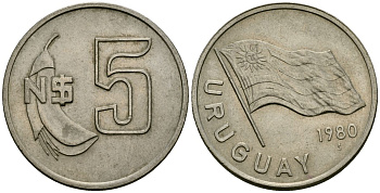 Уругвай 5 новых песо 1980 KM 75 медь цинк никель 4111-423