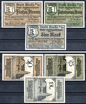 Биалла (Пруссия) полный набор из 3 нотгельдов (25 и 50 пфеннигов; 1 марка) 1920 Mehl Grabowski 100.1a бумага UNC (пресс) 7556-50-3-1