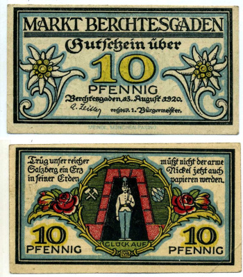 Берхтесгаден 10 пфеннигов 1920 13 августа 1920, нотгельд, земля Бавария Grabowski 76.5а бумага 2193-19-3-2