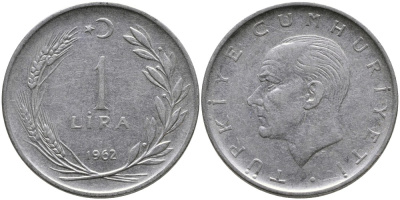 Турция 1 лира 1962 Мустафа Кемаль Ататюрк KM 889а.1 нержавеющая сталь 4541-1226