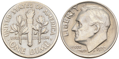 США 10 ЦЕНТОВ = 1 ДАЙМ 1972 РУЗВЕЛЬТ KM 195a медь плакированная медно-никелем 188-419