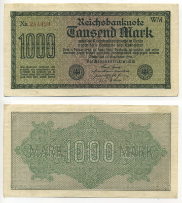 ГЕРМАНИЯ 1000 МАРОК 1922 15 СЕНТЯБРЯ 1922, ВОДЯНОЙ ЗНАК F, БЕЛАЯ БУМАГА Pick 76с бумага 7183-7-3