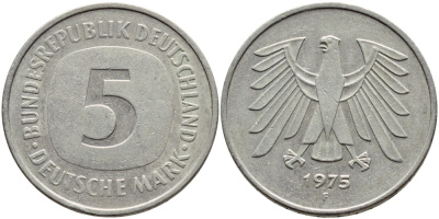 ФРГ 5 марок 1975 F, монетный двор Штутгарт КМ 140.1, J. 415 медно-никель плакированный никелем 84-1441