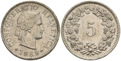 Швейцария 5 раппенов 1969 KM 26 медно-никель 4152-559