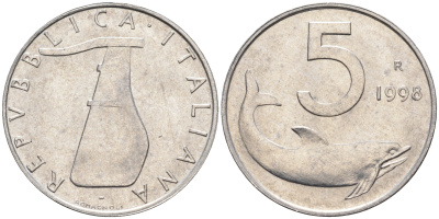Италия 5 лир 1998 R, дельфин KM 92 алюминий  UNC  4594-822