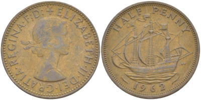 Великобритания 1/2 пенни 1962 Елизавета II (1952-2022) KM 896, Spink 4158 бронза 4544-133