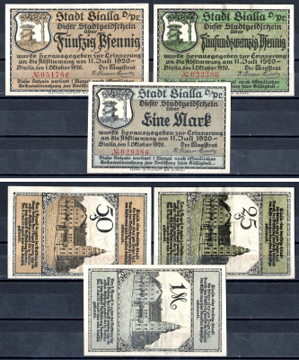 Биалла (Пруссия) полный набор из 3 нотгельдов (25 и 50 пфеннигов; 1 марка) 1920 Mehl Grabowski 100.1a бумага UNC (пресс) 7556-50-3-1