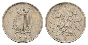 Мальта 25 центов 1993 шиповник вечнозелёный KM 97 медно-никель 4703-714