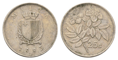 Мальта 25 центов 1993 шиповник вечнозелёный KM 97 медно-никель 4703-714
