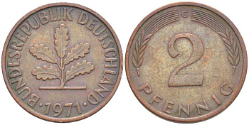 ФРГ 2 ПФЕННИГА 1971 G KM 106a, J. 381a сталь плакированная сталь плакированная медьюю 116-325