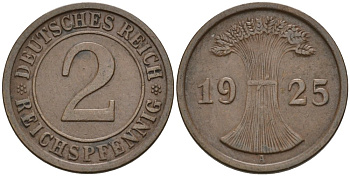Германия 2 рейхспфеннига 1925 А KM 38, J.314, Weege 4 бронза 4575-434