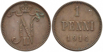 Россия для Финляндии 1 пенни 1914 Николай II (1894-1917) KM 13, Биткин 474 медь 4396-1427