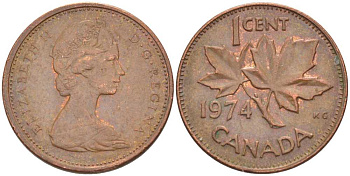 Канада 1 цент 1974 Елизавета II (1952-2022), кленовый лист KM 59.1 бронза 54-144