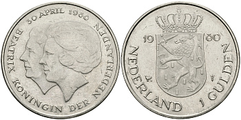 Нидерланды 1 гульден 1980 на коронацию Беатрикс, 30 апреля 1980 KM 200 никель 94-712