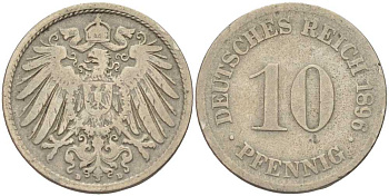 ГЕРМАНИЯ 10 ПФЕННИГОВ 1896 D KM 12, J. 13 медно-никель 4401-953