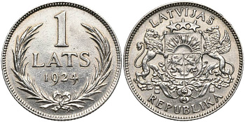 Латвия 1 лат 1924 Первая республика (1918-1939) KM 7 серебро 27-1236