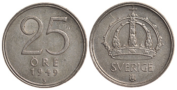 Швеция 25 эре 1949 TS, Густав V (1907-1950) KM 816 серебро 4179-866