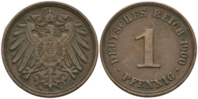 Германия 1 пфенниг 1900 A, Вильгельм II (1888-1918) KM 10, J. 10 медь 3955-1166