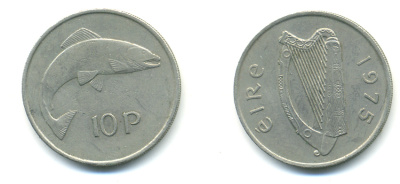 Ирландия 10 пенсов 1975 лосось KM 23 медно-никель 4112-412