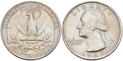 США 25 ЦЕНТОВ = КВОТЕР 1989 P, ВАШИНГТОН KM А164a медь плакированная медно-никелем 190-352